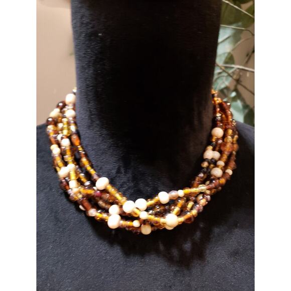 Women Fashion Multistrand Champagne Beads Faux Pearls Link Chain Collar Necklace - Picture 1 of 6